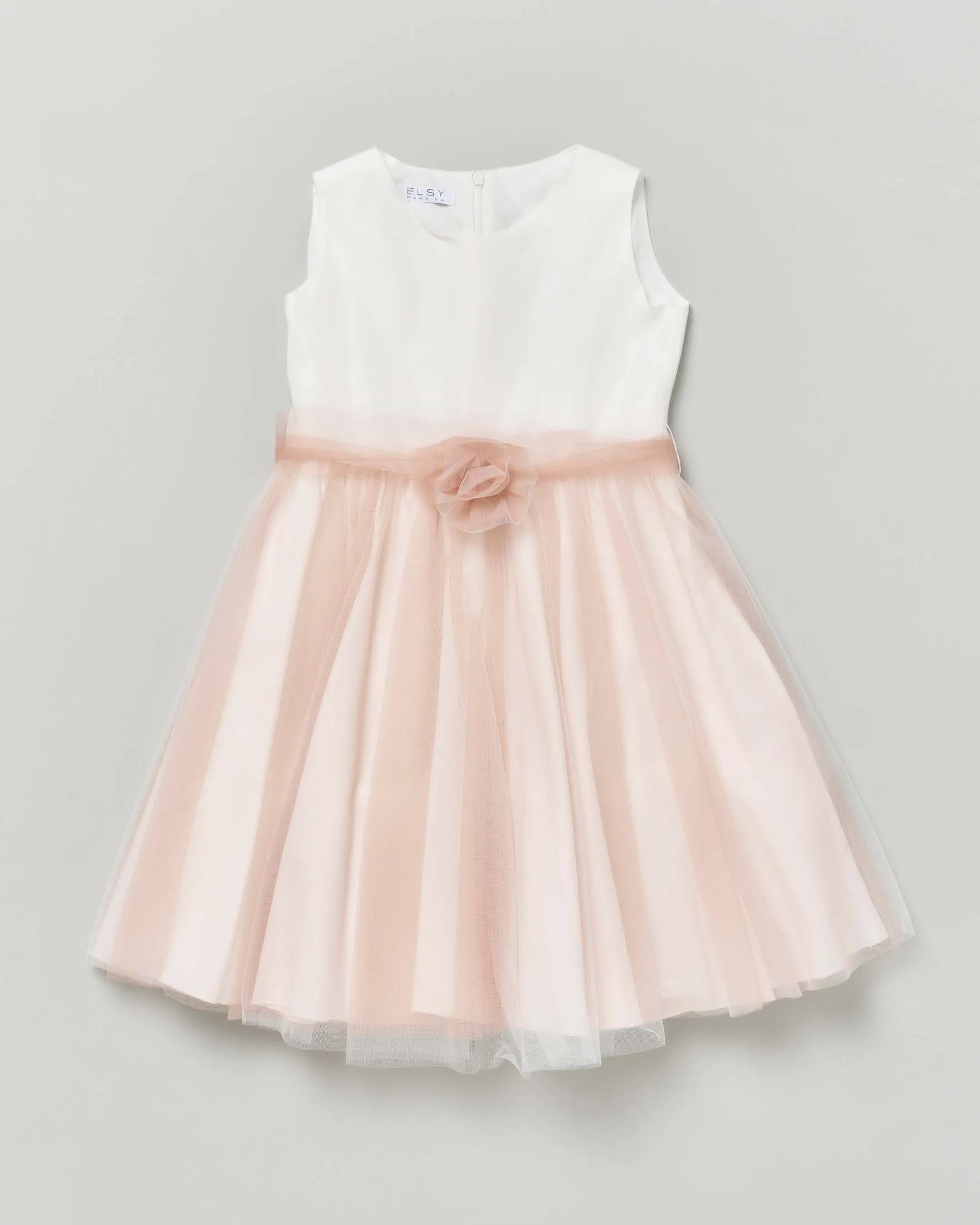 Abito mini bianco senza maniche con tulle cipria e fusciacca in organza cipria con fiore 10-12 anni