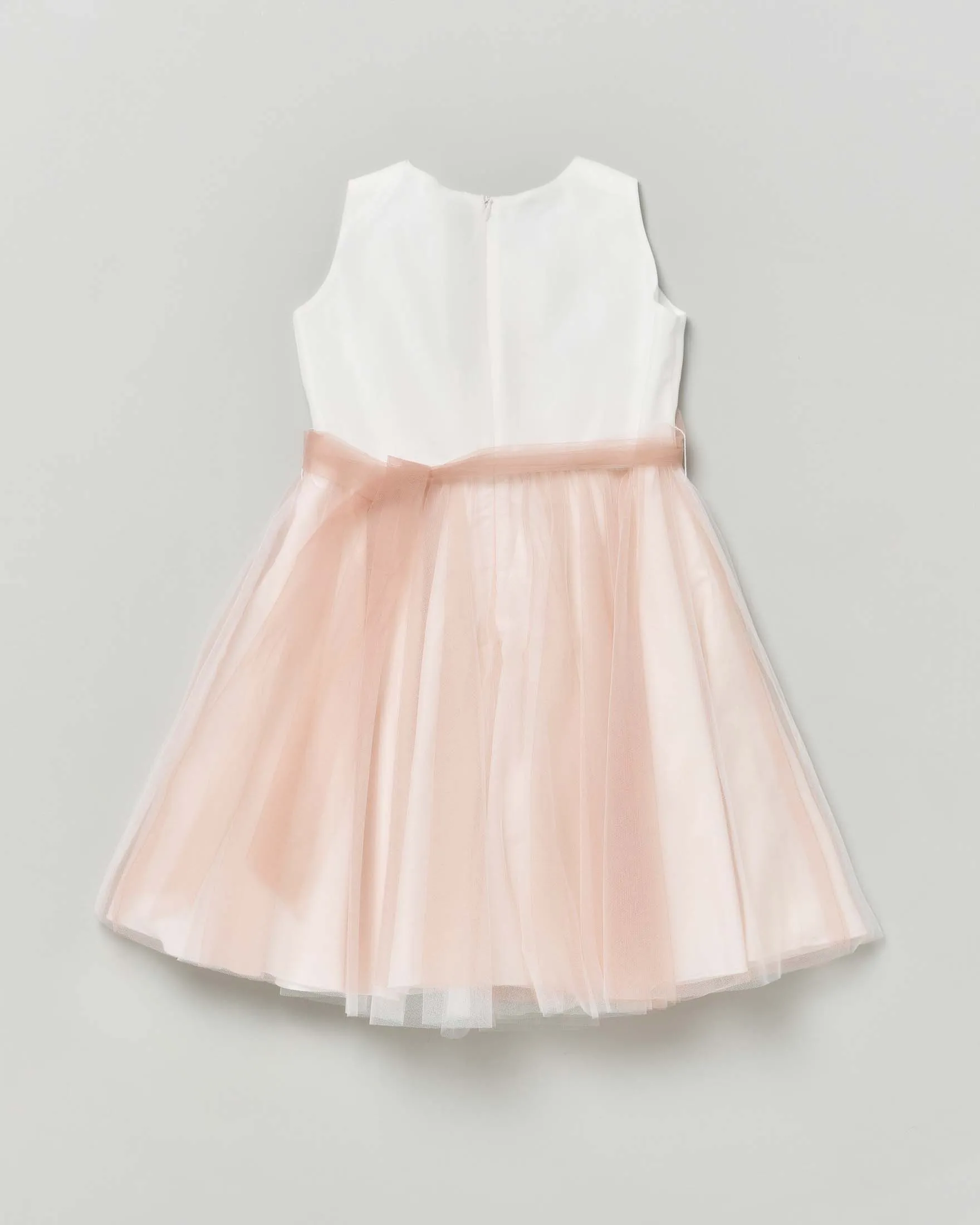 Abito mini bianco senza maniche con tulle cipria e fusciacca in organza cipria con fiore 10-12 anni