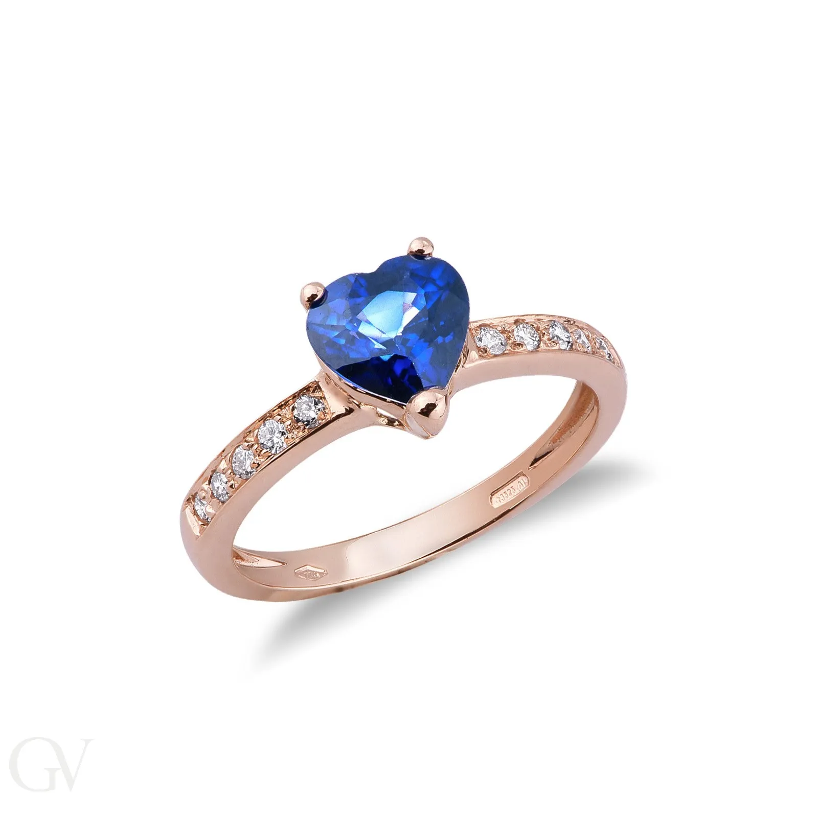Anello in oro rosa 18k con Zaffiro blu a cuore e diamanti