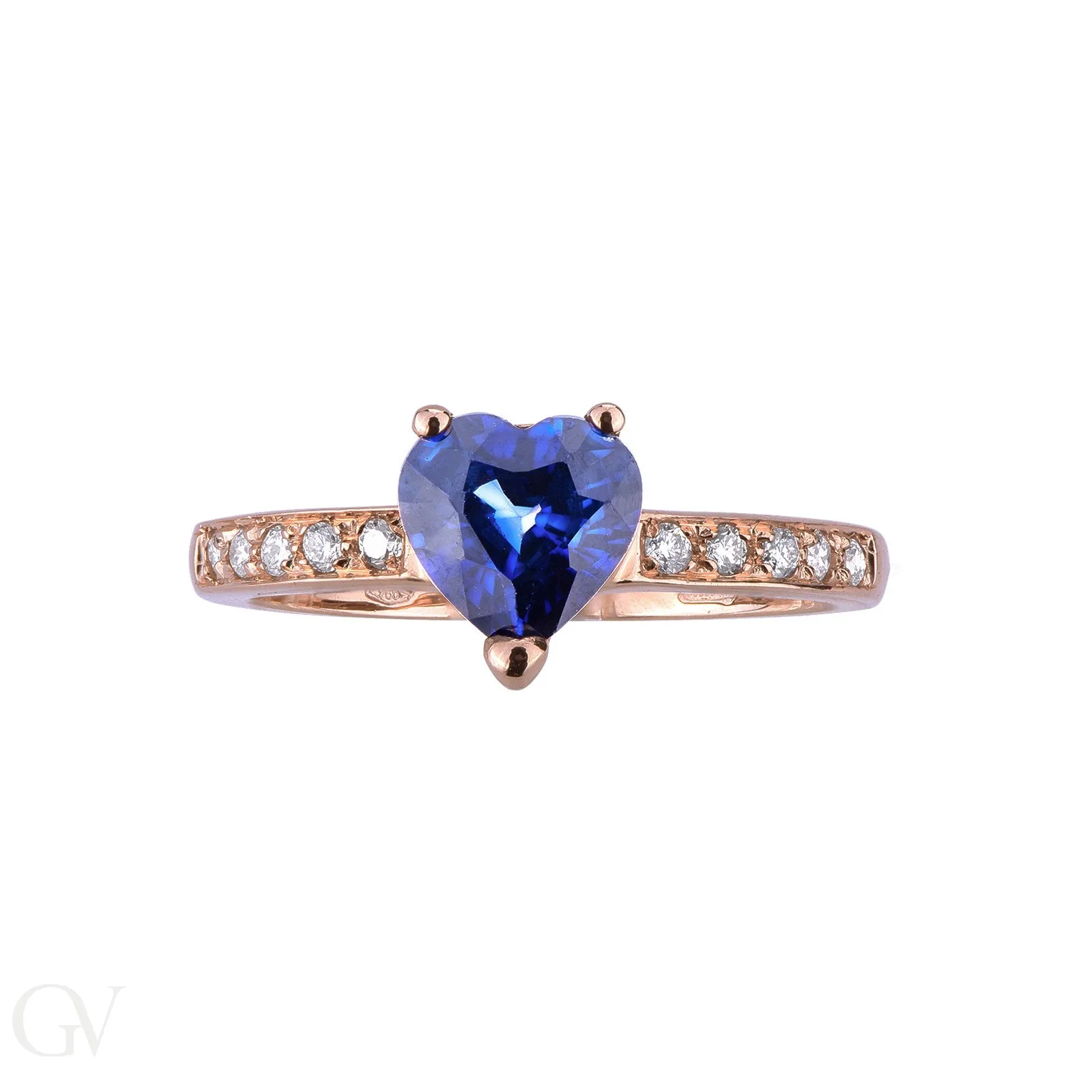 Anello in oro rosa 18k con Zaffiro blu a cuore e diamanti