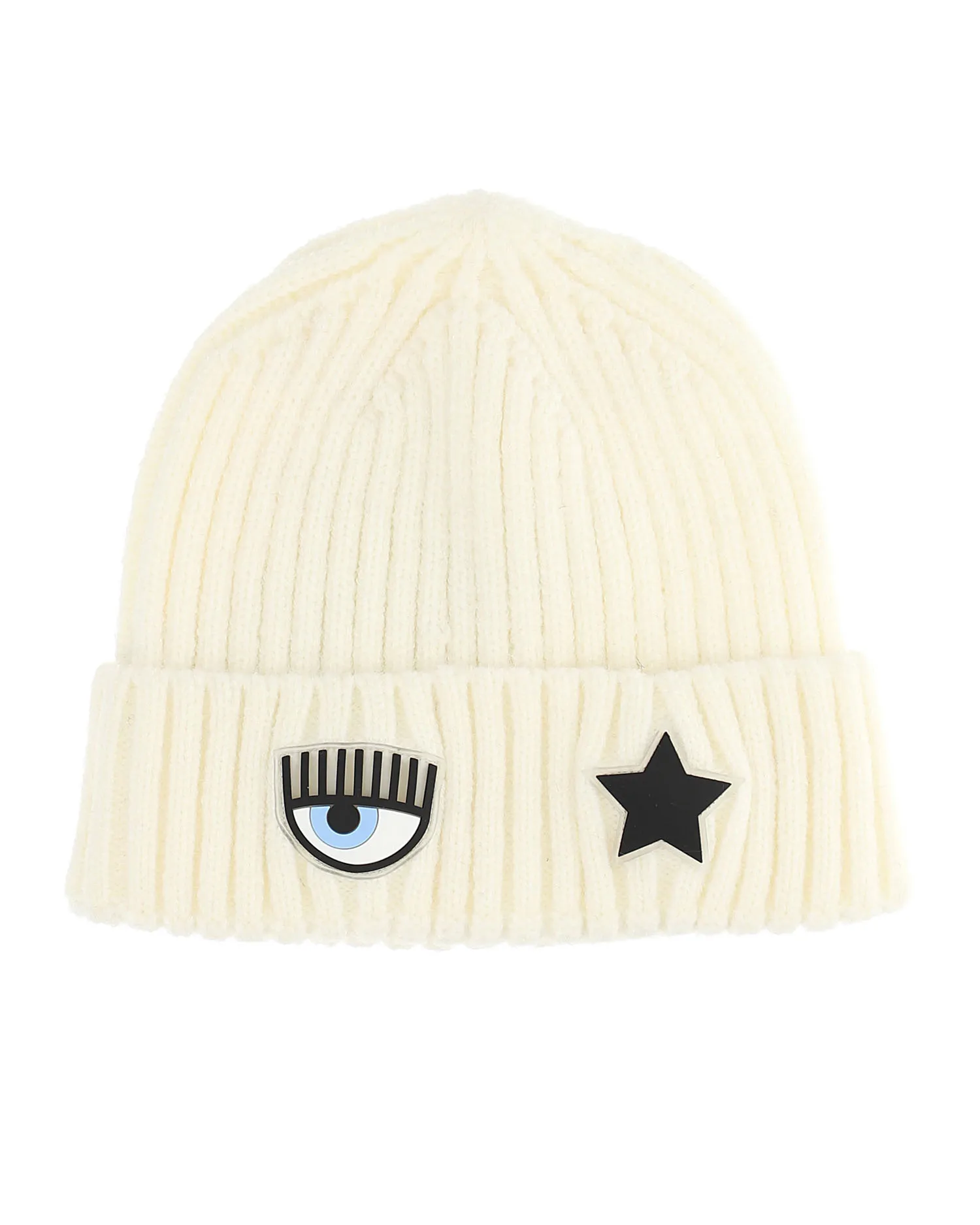 Berretto avorio a coste con risvolto e patch logo eyestar S-L
