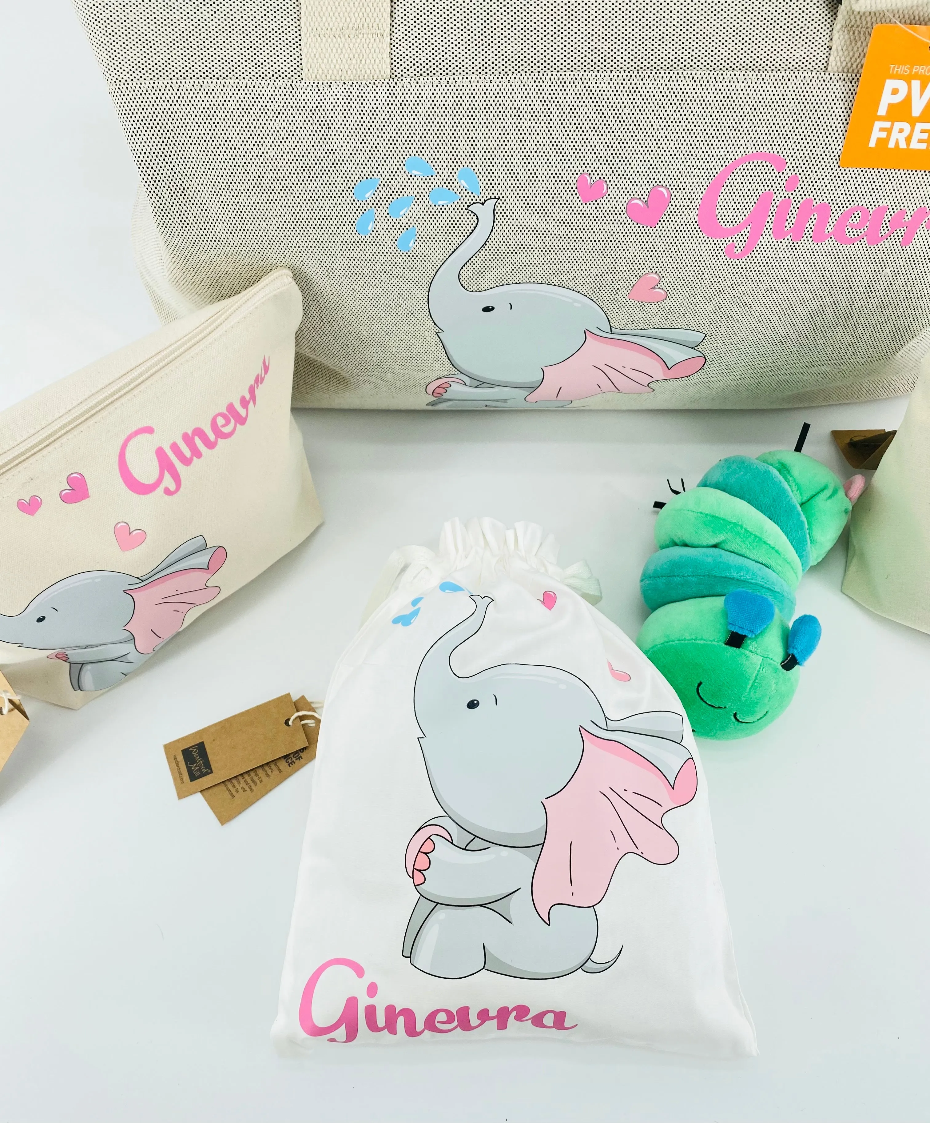 Borsone parto Elefantina, 2 pochette e 3 sacchi in cotone organico