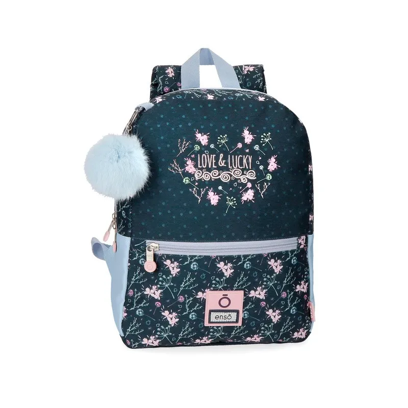 MINI ZAINO ENSÒ LOVE & LUCKY BLU A FIORELLINI ROSA CON CIONDOLO 1 CERNIERA +1 TASCA EST.+1 INTERNA CON ZIP 25X33X12CM
