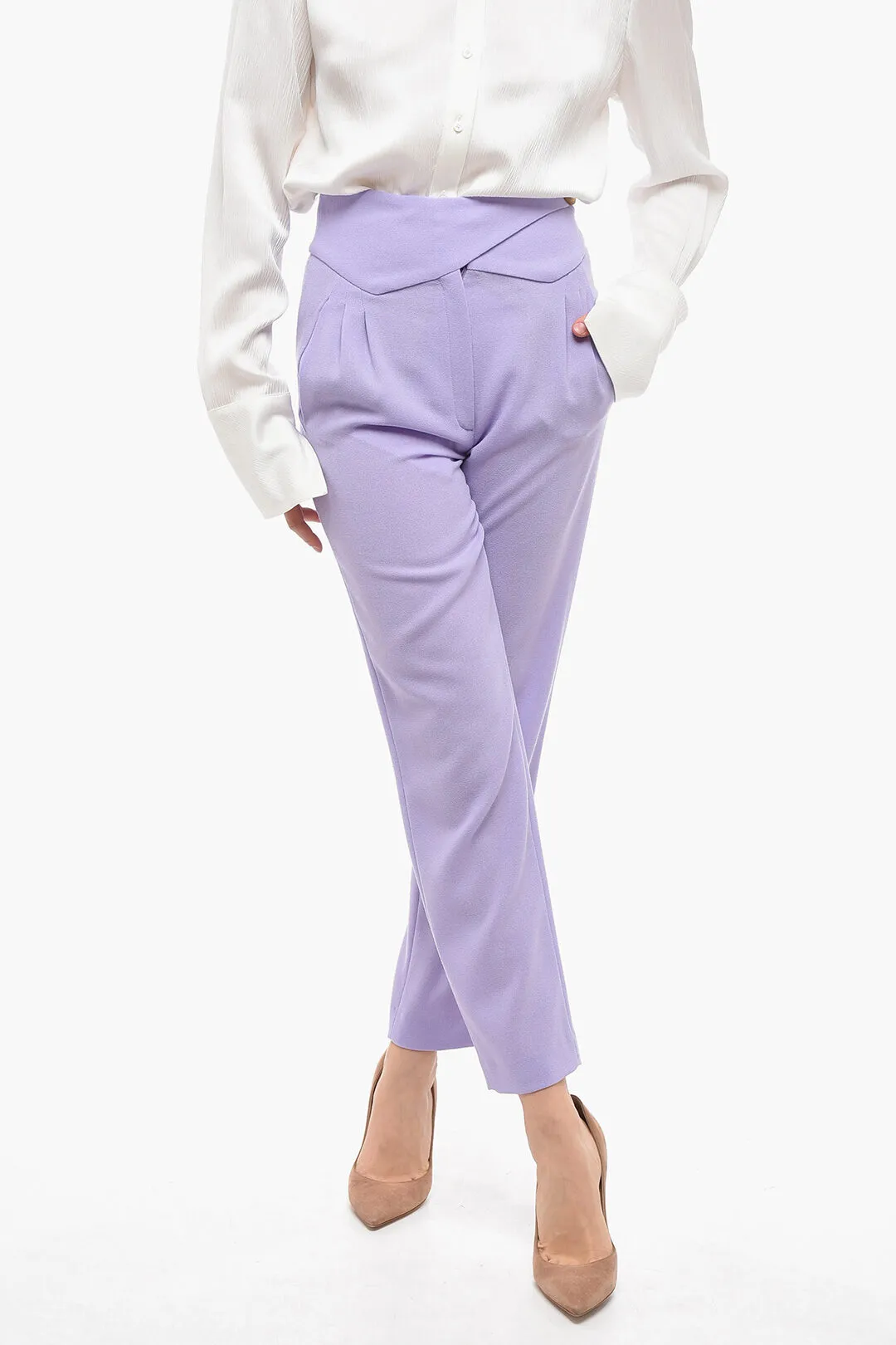 Pantaloni a Vita Alta in Lana con Chiusura Incrociata