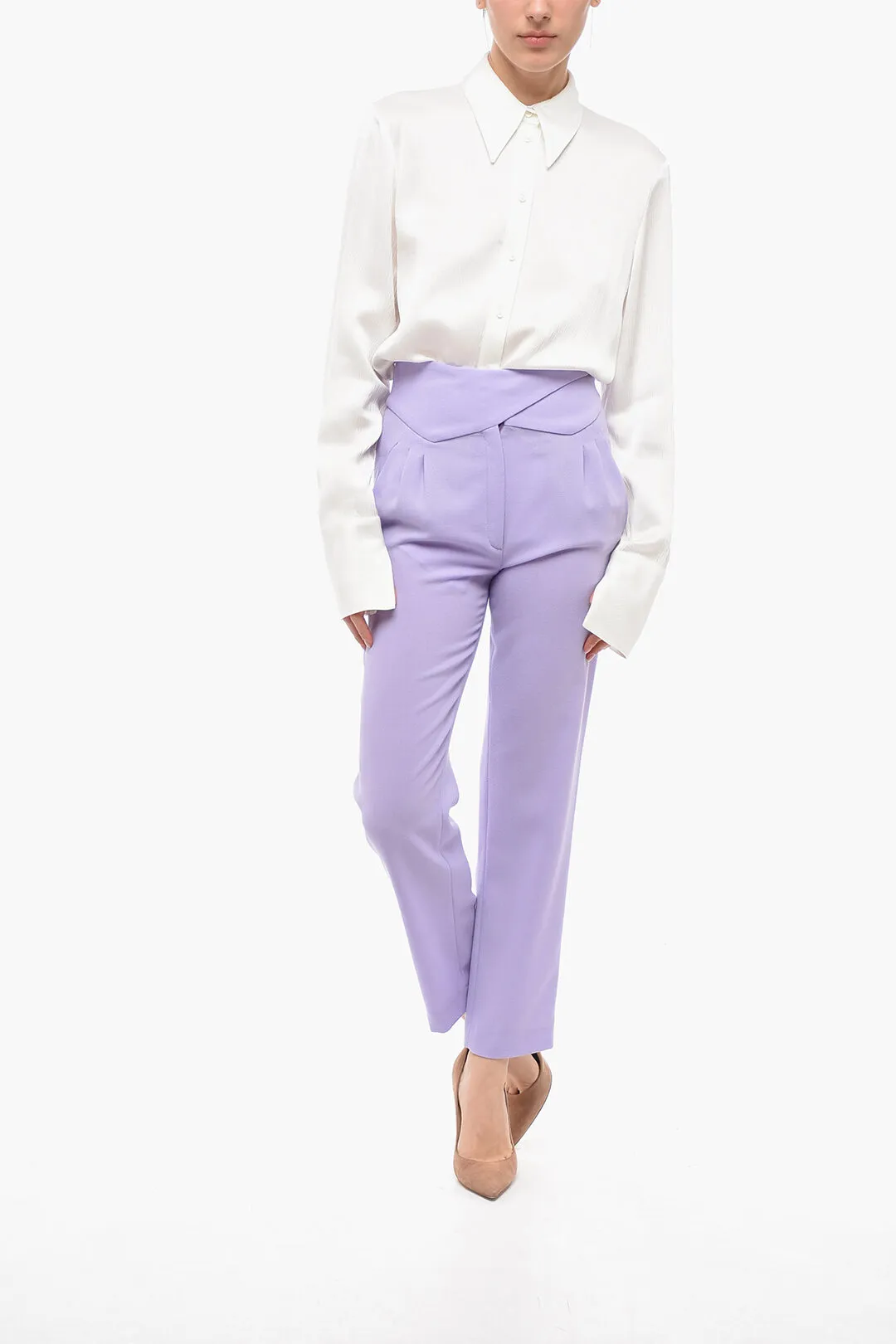 Pantaloni a Vita Alta in Lana con Chiusura Incrociata