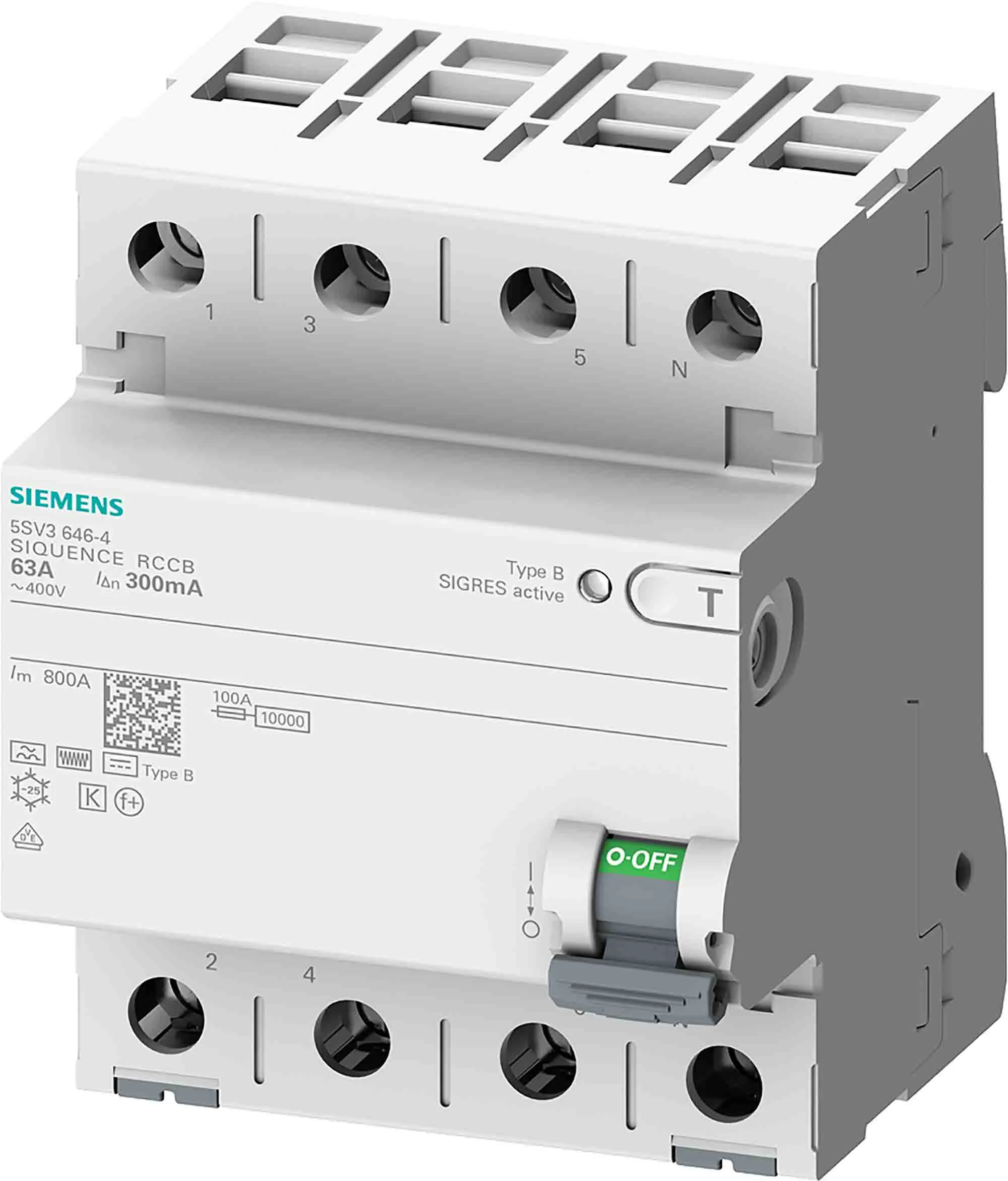 RCCB Siemens 5SV3, 4P, 63A, sensibilità 300mA, Tipo B