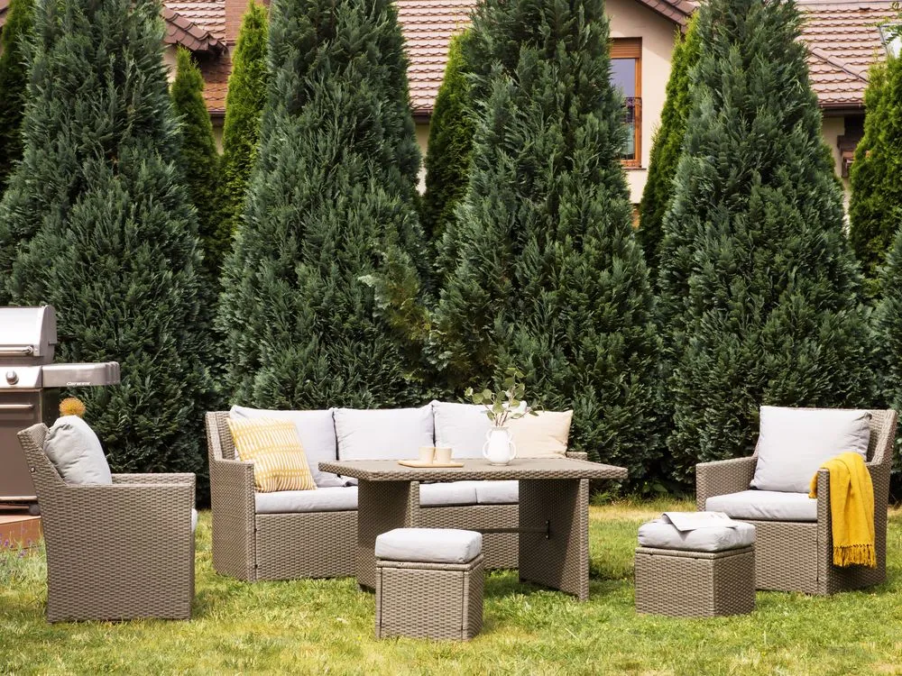 Set salotto da giardino con tavolo e pouf 5 posti FONTI con cuscini Tortora