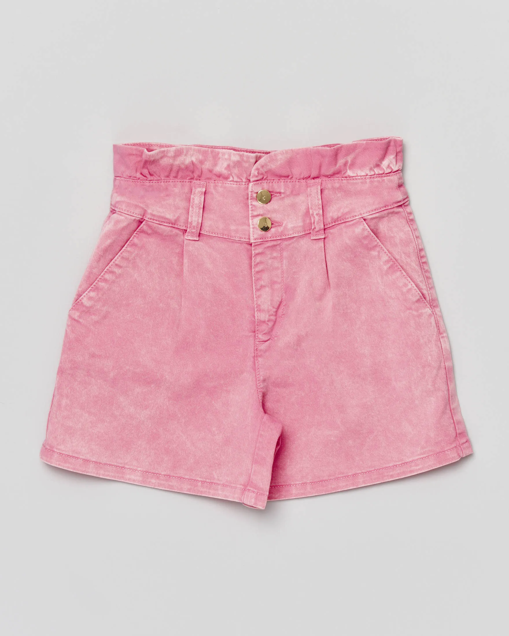 Short in denim di cotone stretch rosa a vita alta con lavaggio bleach 10-14 anni