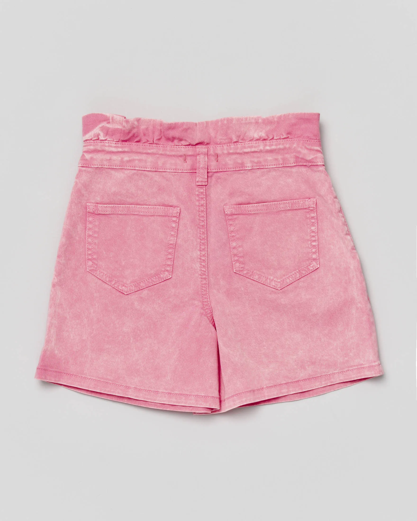 Short in denim di cotone stretch rosa a vita alta con lavaggio bleach 10-14 anni
