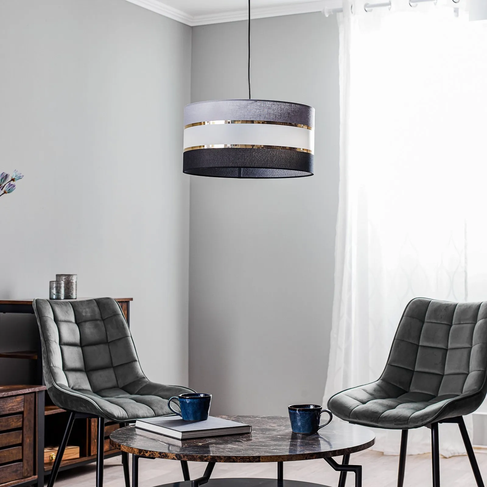 Sospensione Helen tessuto grigio-nero-oro Ø 40 cm