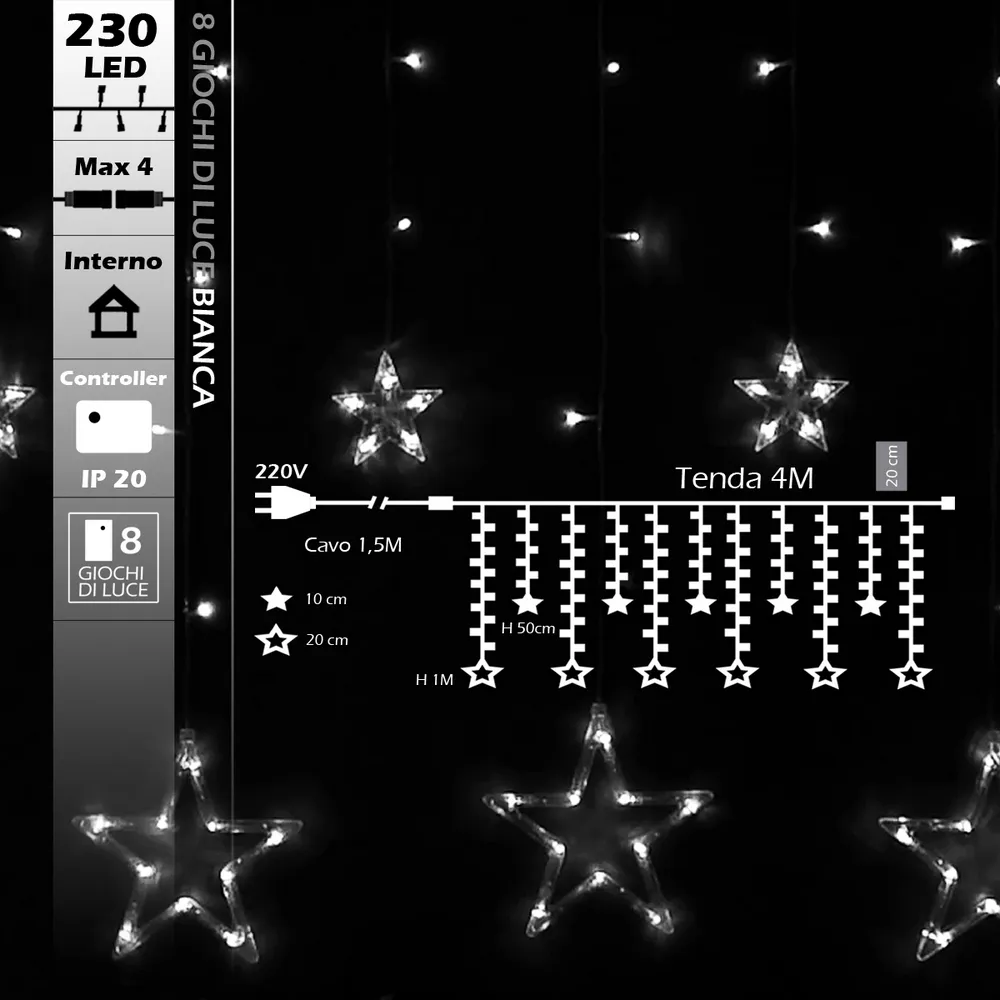 Tenda luminosa con Stelle 4 metri da 230 Led Bianco Freddo Wisdom